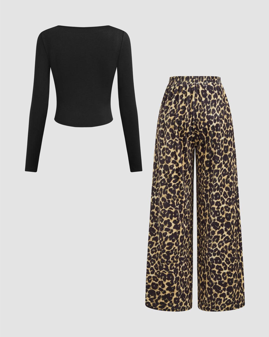 Round Neck Long Sleeve Black Top & Mid Rise Leopard Print Wide Pants Set