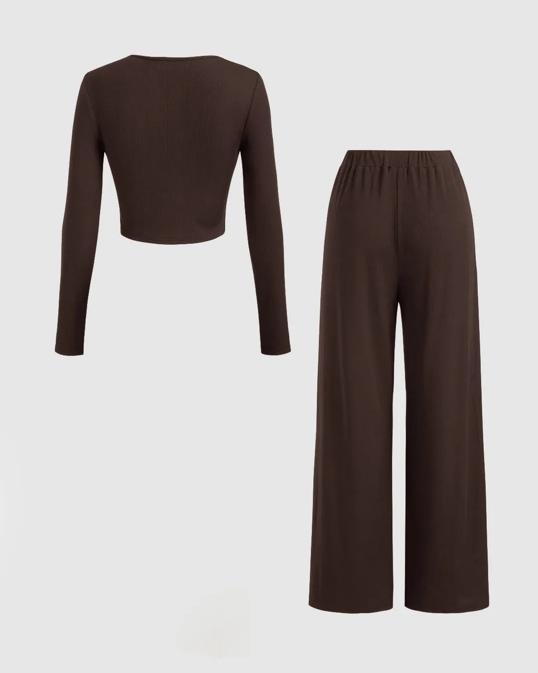 Solid Ruched Hoodie & Mid Rise Knotted Straight Leg Trousers Set In Chocolate Brown