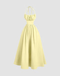 Halter Neck Tie-Back Fit and Flare Midi Dress in French Vanilla