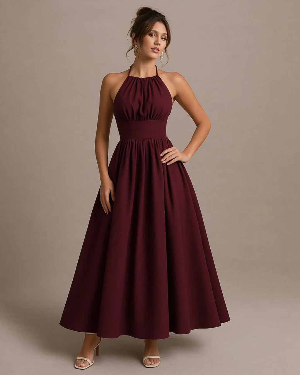 Halter Neck Back Tie Maxi Dress in Maroon