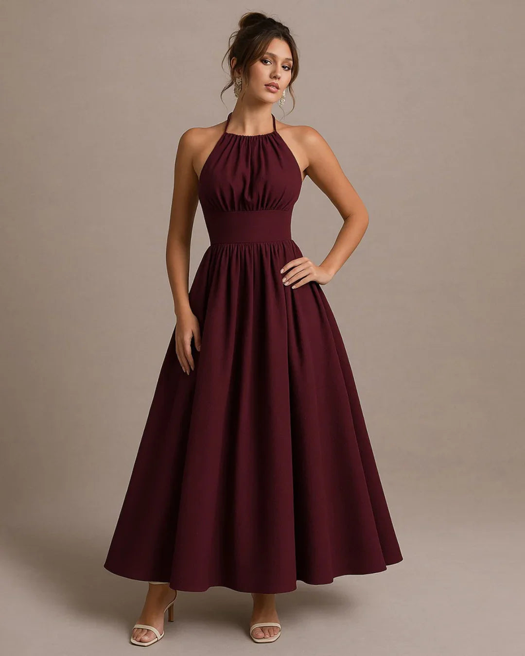 Halter Neck Back Tie Maxi Dress in Maroon