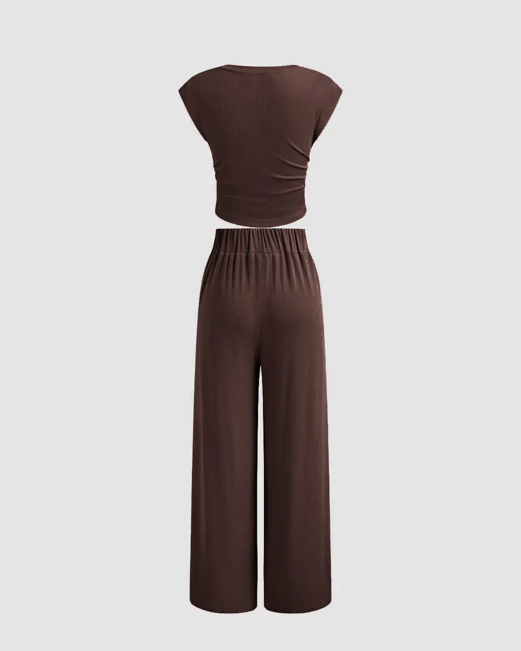 V-neck Solid Ruched Crop Short Sleeve Top & Mid Rise Wide Leg Trousers In Chocolate Brown