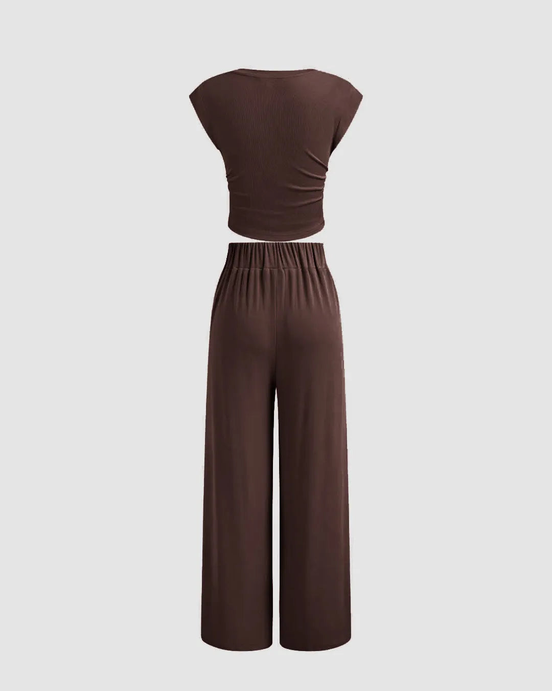 V-neck Solid Ruched Crop Short Sleeve Top & Mid Rise Wide Leg Trousers In Chocolate Brown