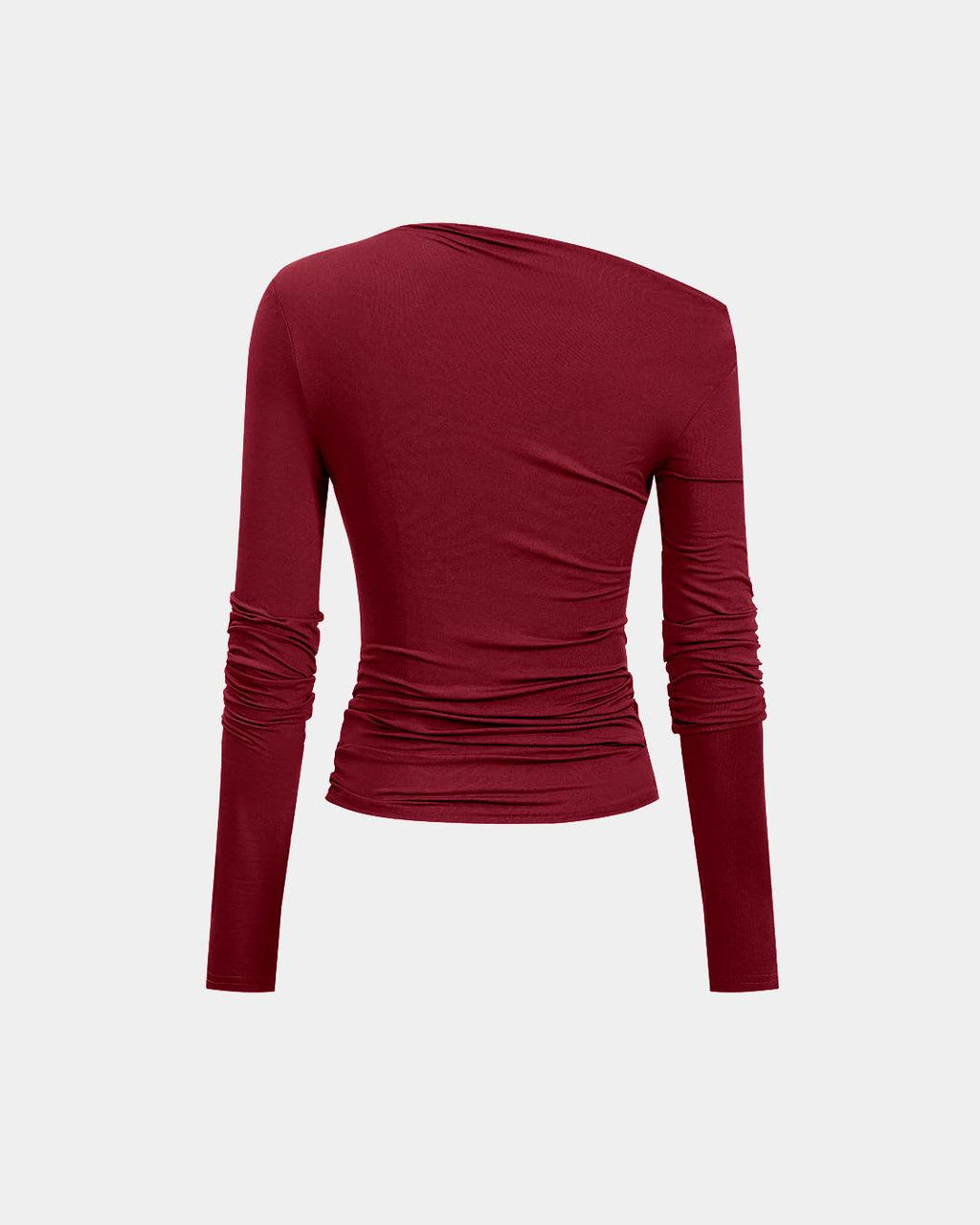Solid Color Asymmetrical Ruched Long-Sleeve Top In Redberry