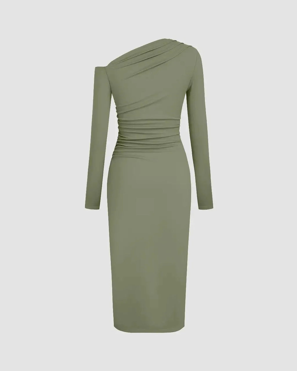 Asymmetrical Neck Ruched Midi Dress In Herbal Green