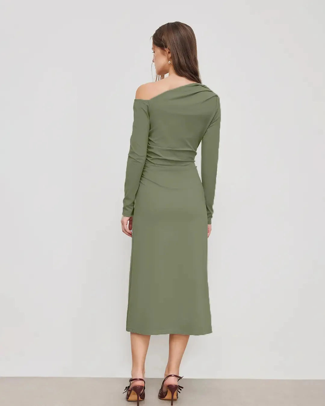 Asymmetrical Neck Ruched Midi Dress In Herbal Green