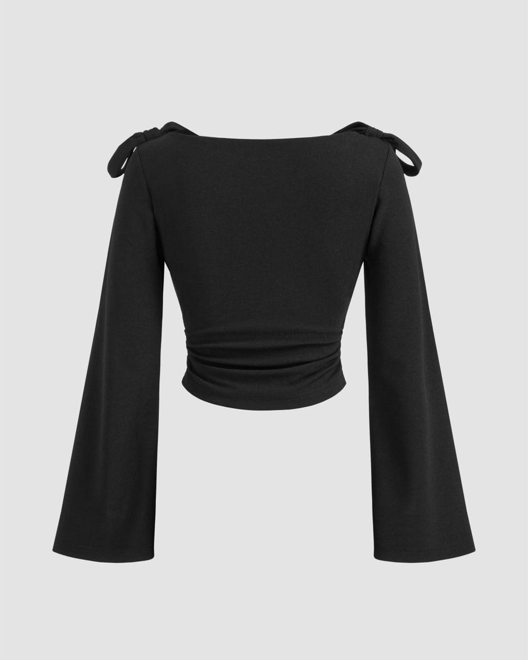 Boat Neck Bow Tie And Long Ruffled Sleeve Top