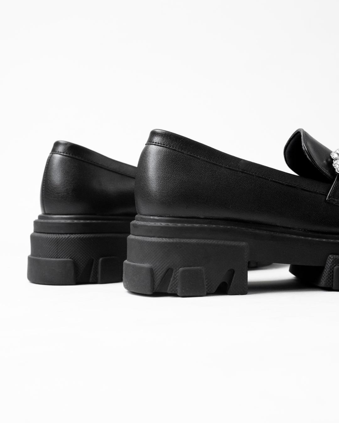 Buckle Embellished Black Chunky Loafers