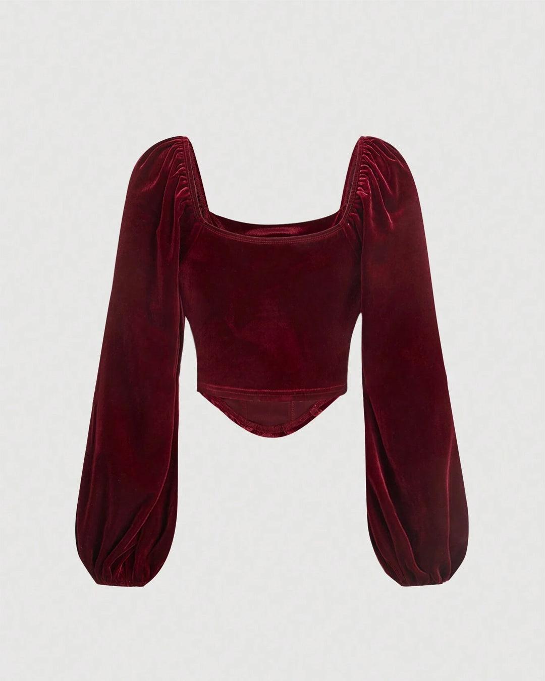 Bustier Square Neck Puff Long Sleeve Velvet Top