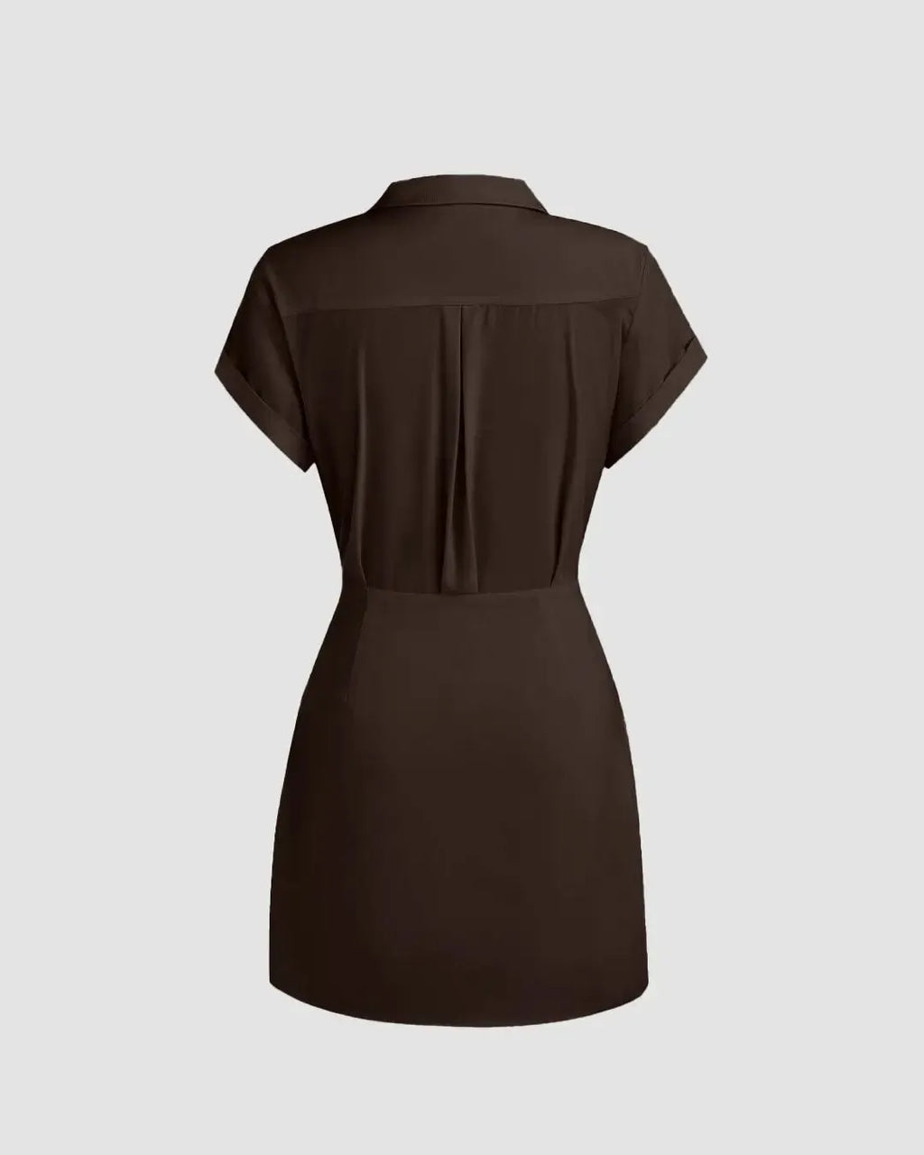 Brown Mini Dress with Collared Neck Wrap Detail in Dark Brown