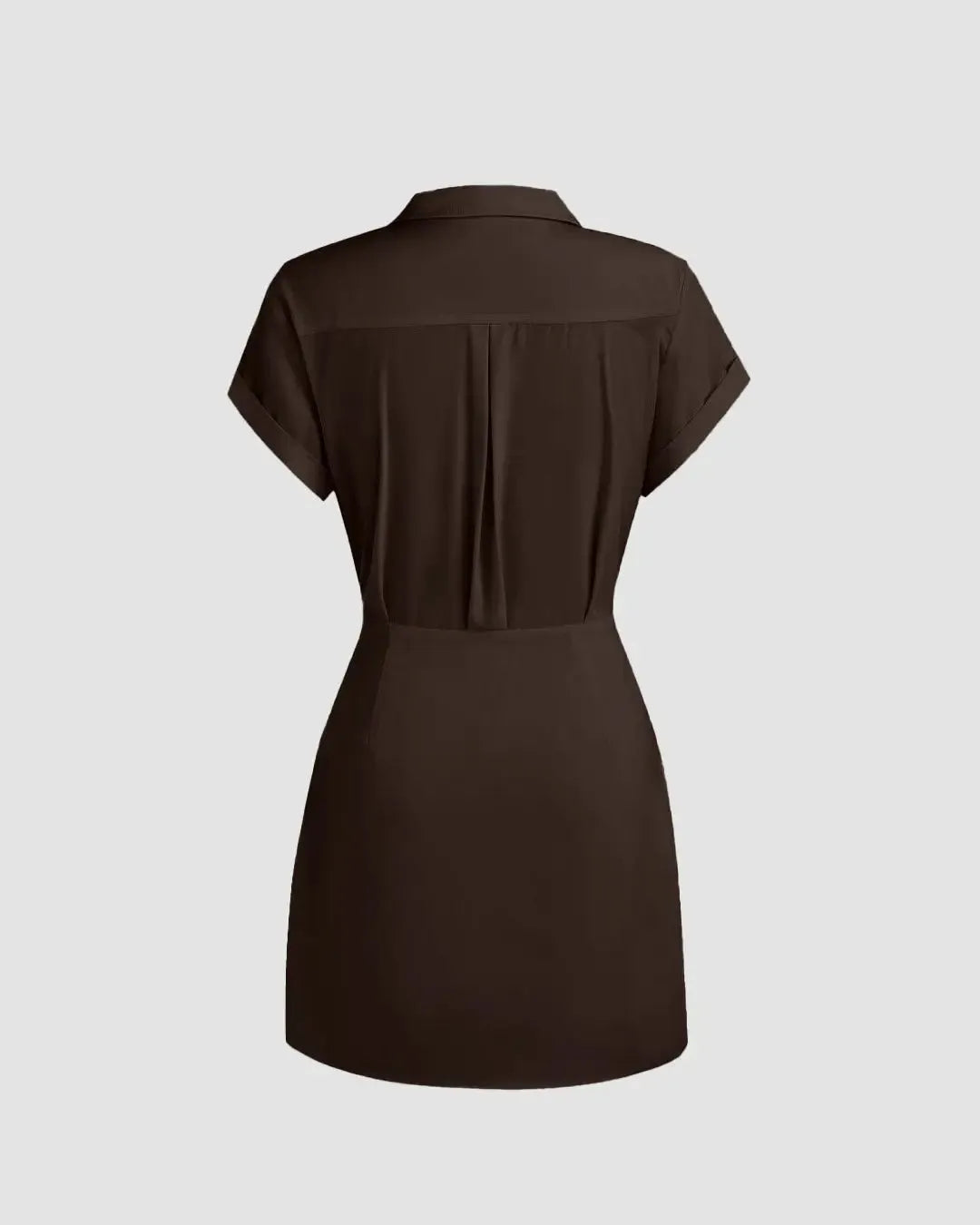 Brown Mini Dress with Collared Neck Wrap Detail in Dark Brown