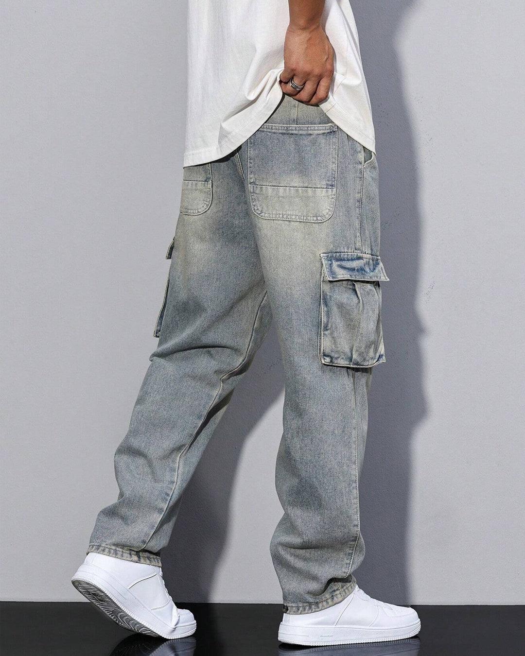 Men Casual Street Flap Pocket Loose Straight Leg Cargo Denim Jeans, Plain Long Distressed Straight Leg Cargo Light Blue