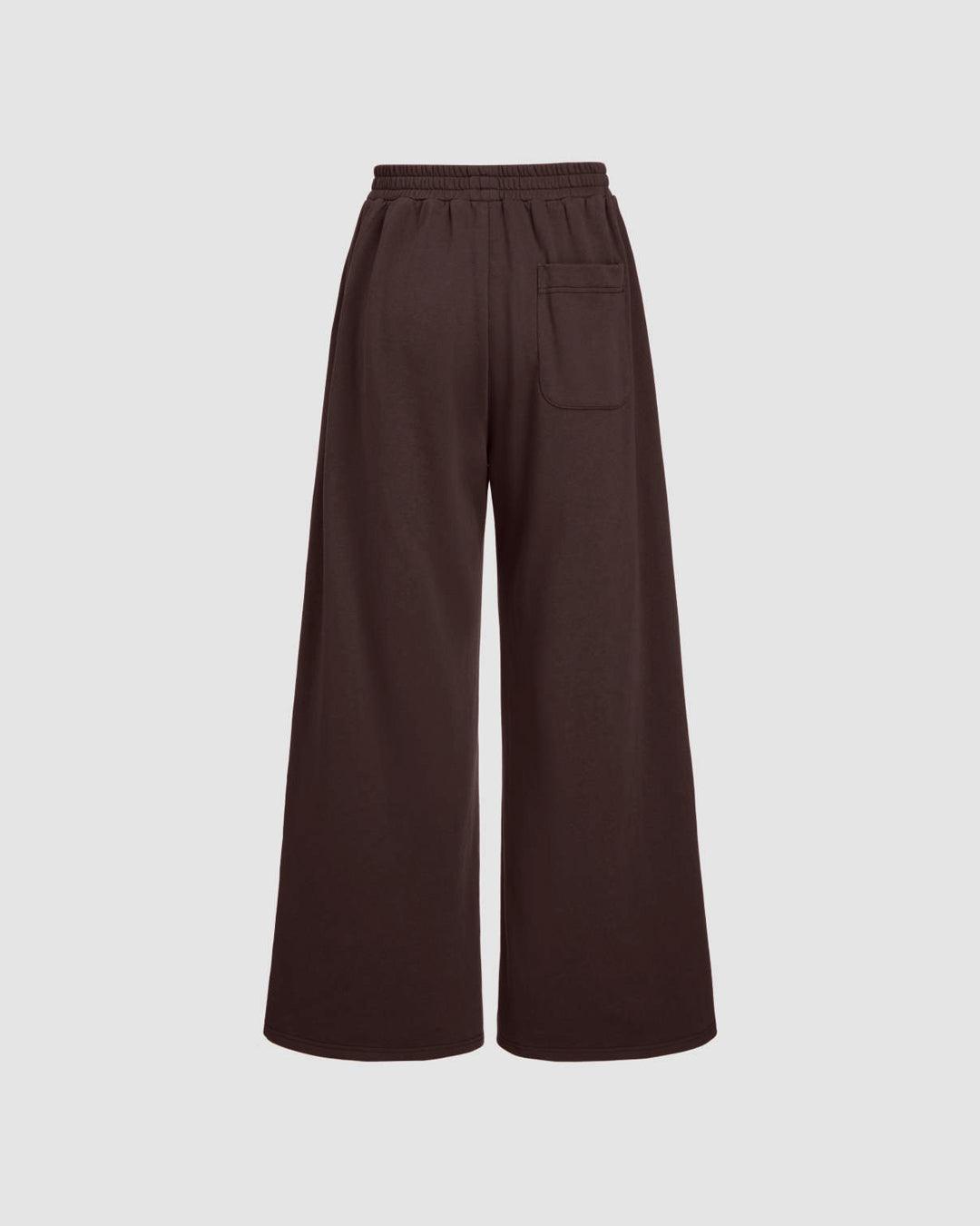 Mid Rise Elastic Waist Wide Leg Trousers In Chocolate Brown
