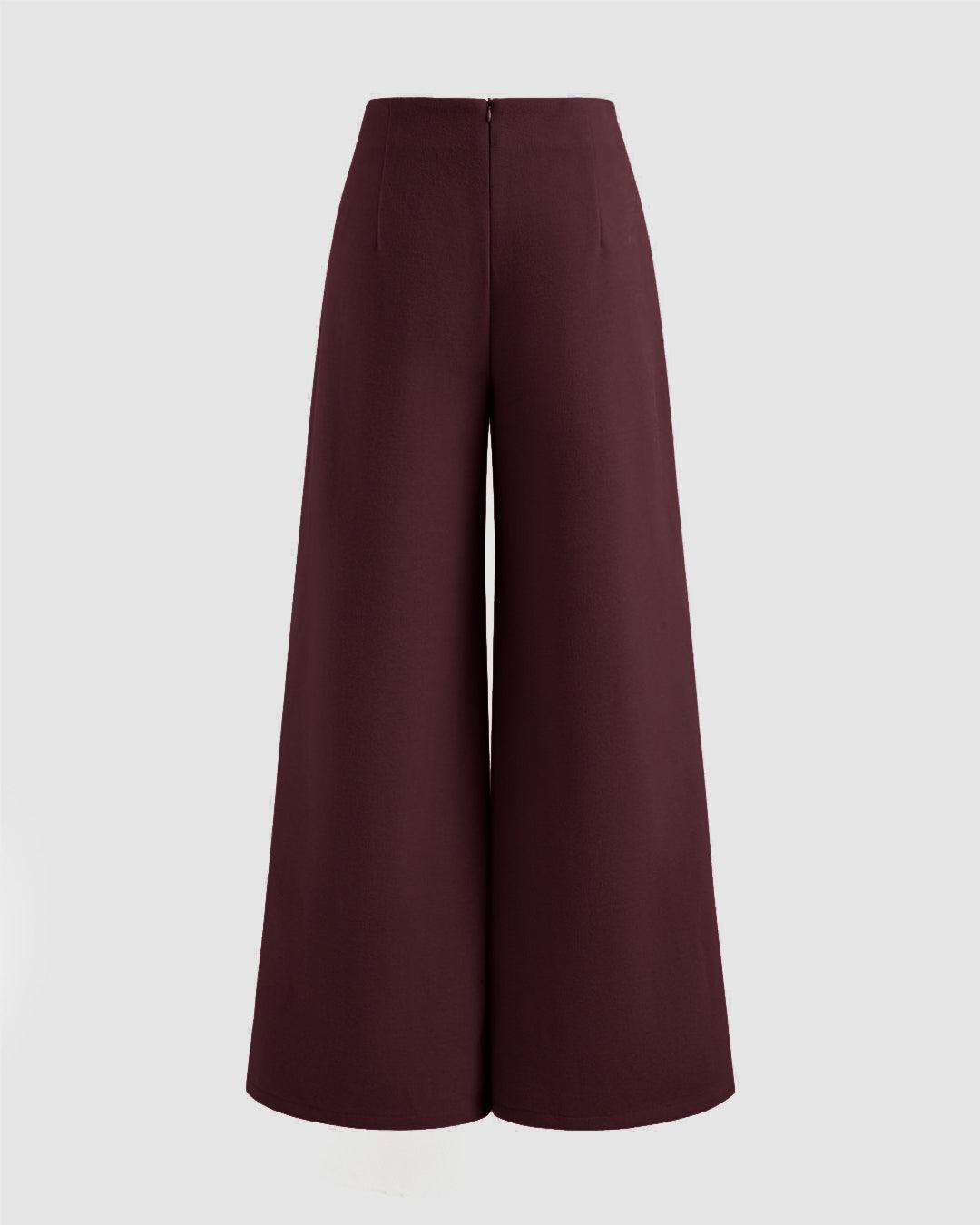 Mid Rise Solid Wide Leg Trousers In Wine