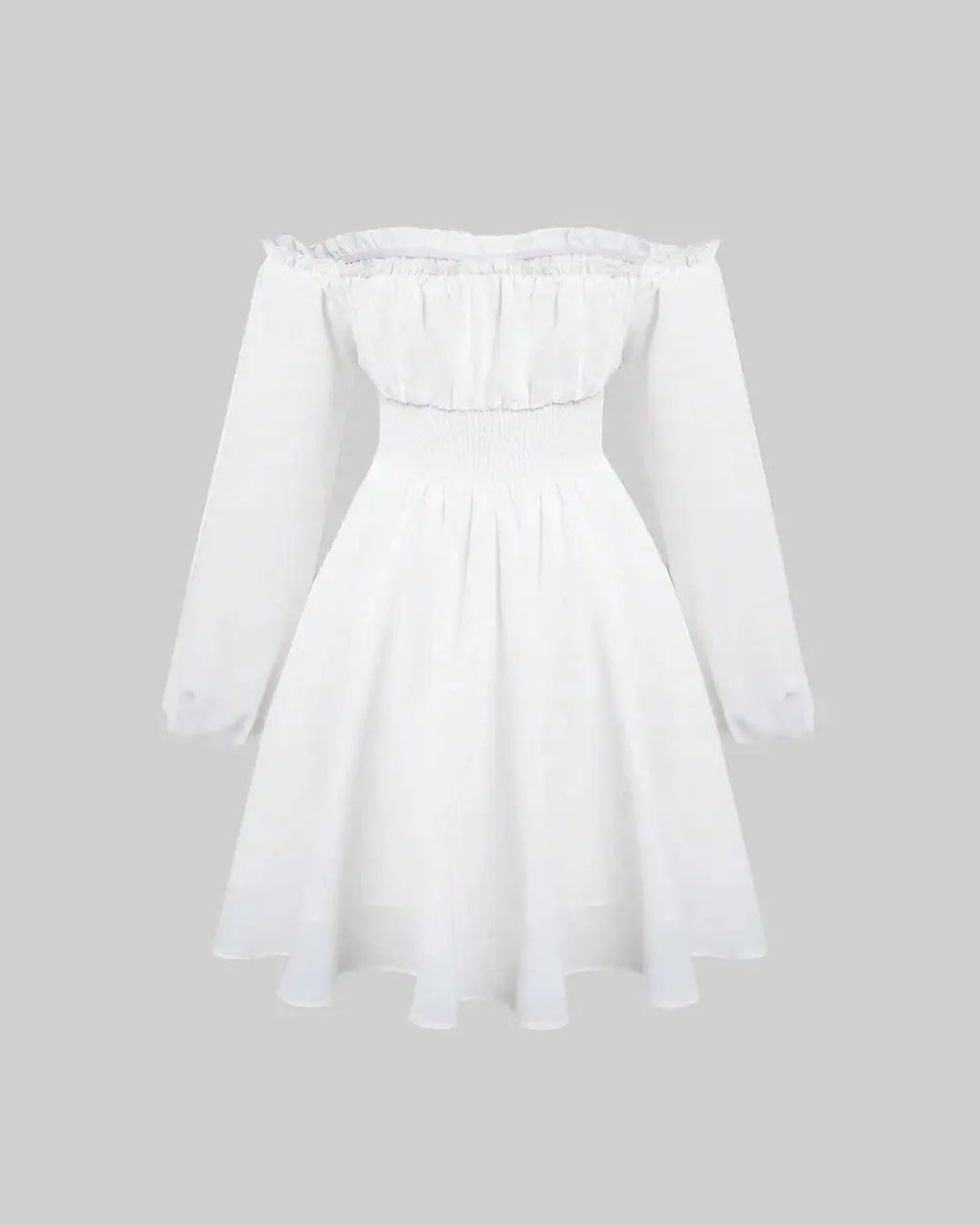Off Shoulder Lantern Sleeve Frill Trim Dress In White
