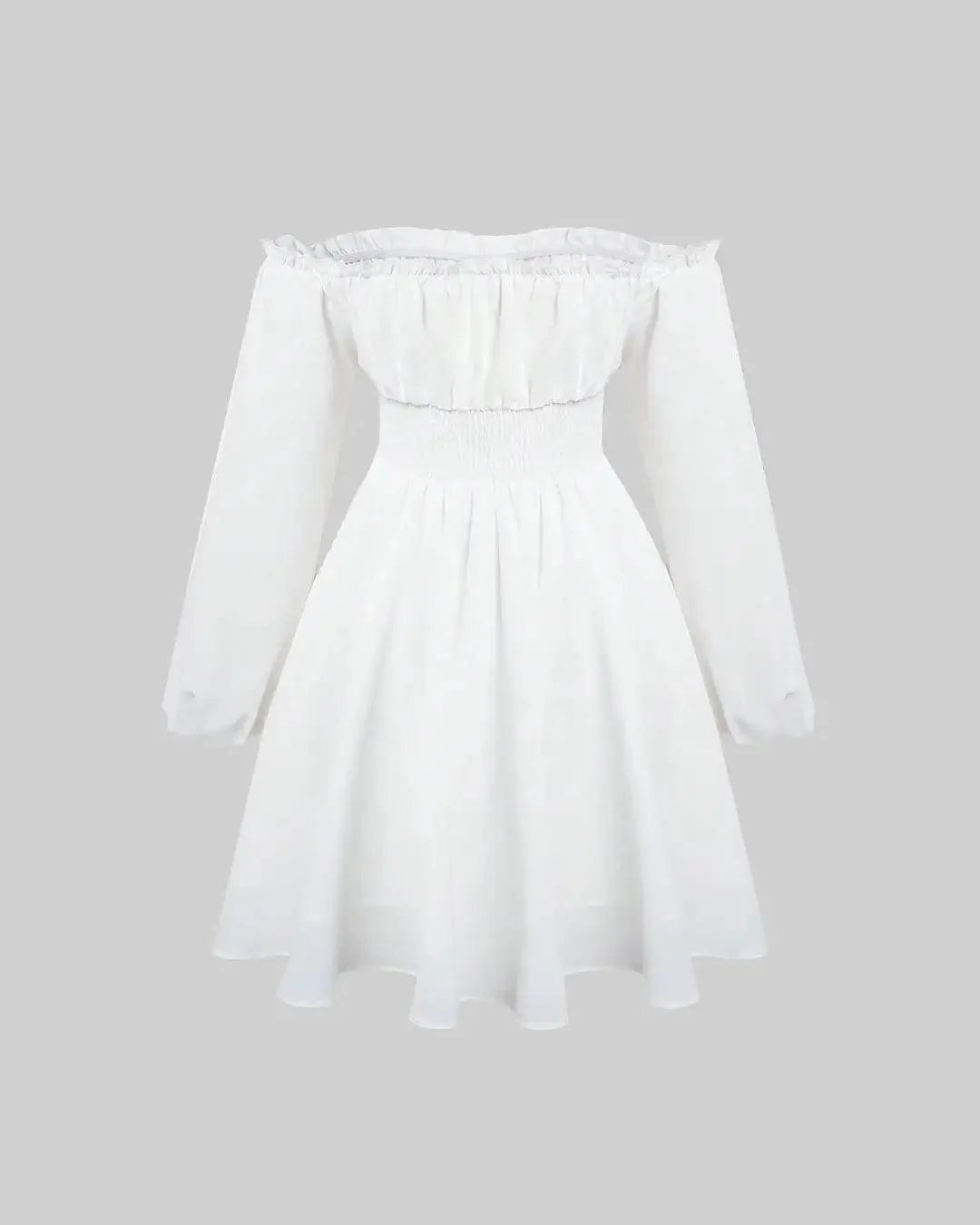 Off Shoulder Lantern Sleeve Frill Trim Dress In White