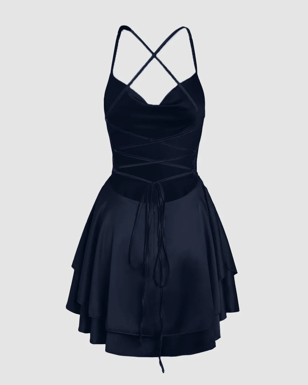 Fit and Flare Spaghetti Strap Backless Mini Dress in Navy Blue