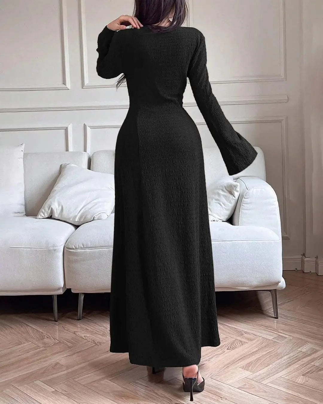 Round Neck Flared Long Black Dress
