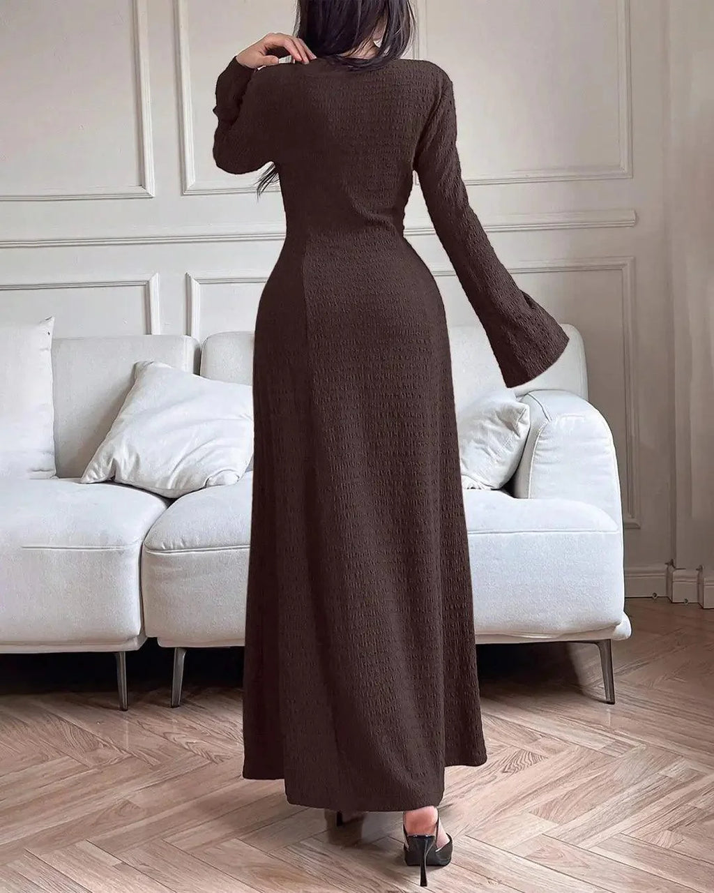 Solid Color Front Tie Long Sleeve Casual Long Dress In Brown