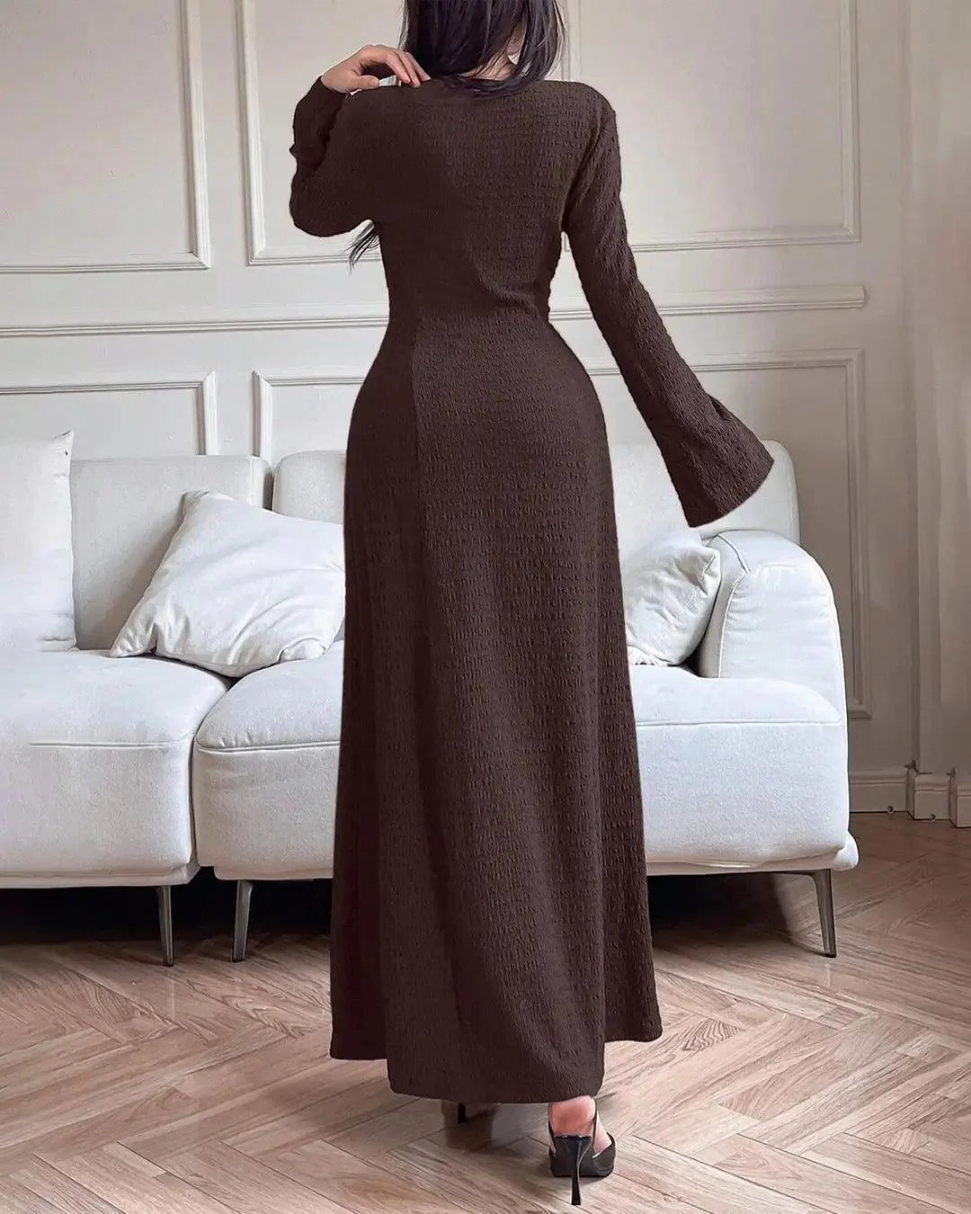 Solid Color Front Tie Long Sleeve Casual Long Dress In Brown