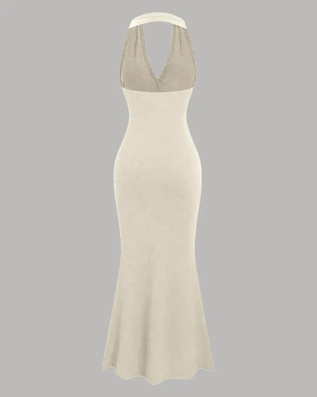 Halter Neck Backless Bodycon Maxi Dress in Beige