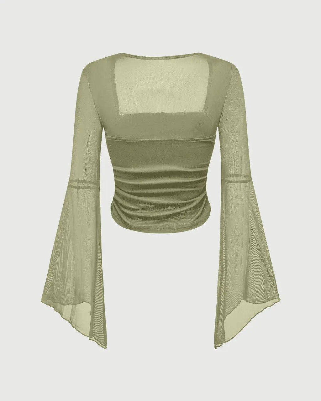 Square Neck Bow Decorated Long Sleeve Green Top