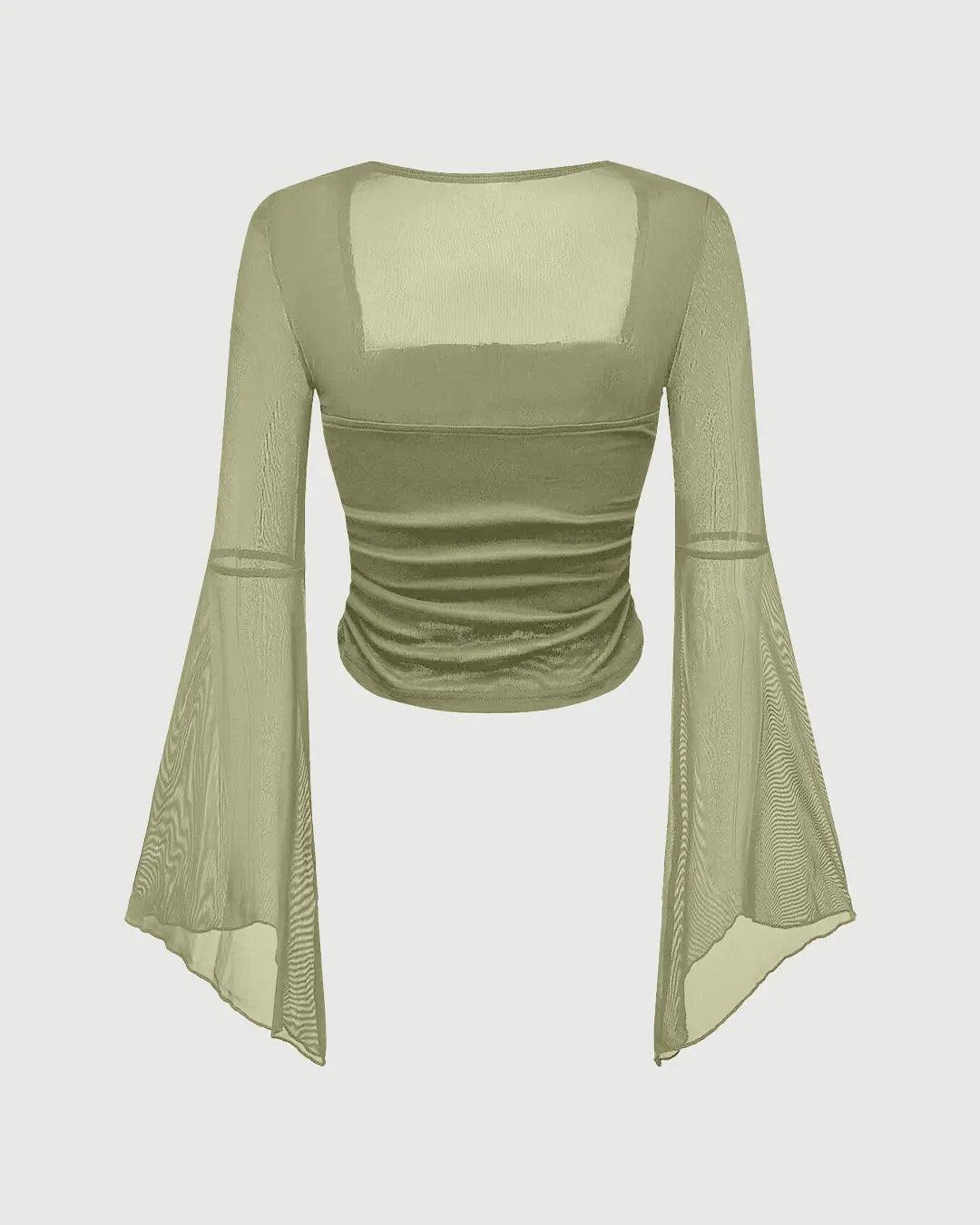 Square Neck Bow Decorated Long Sleeve Green Top