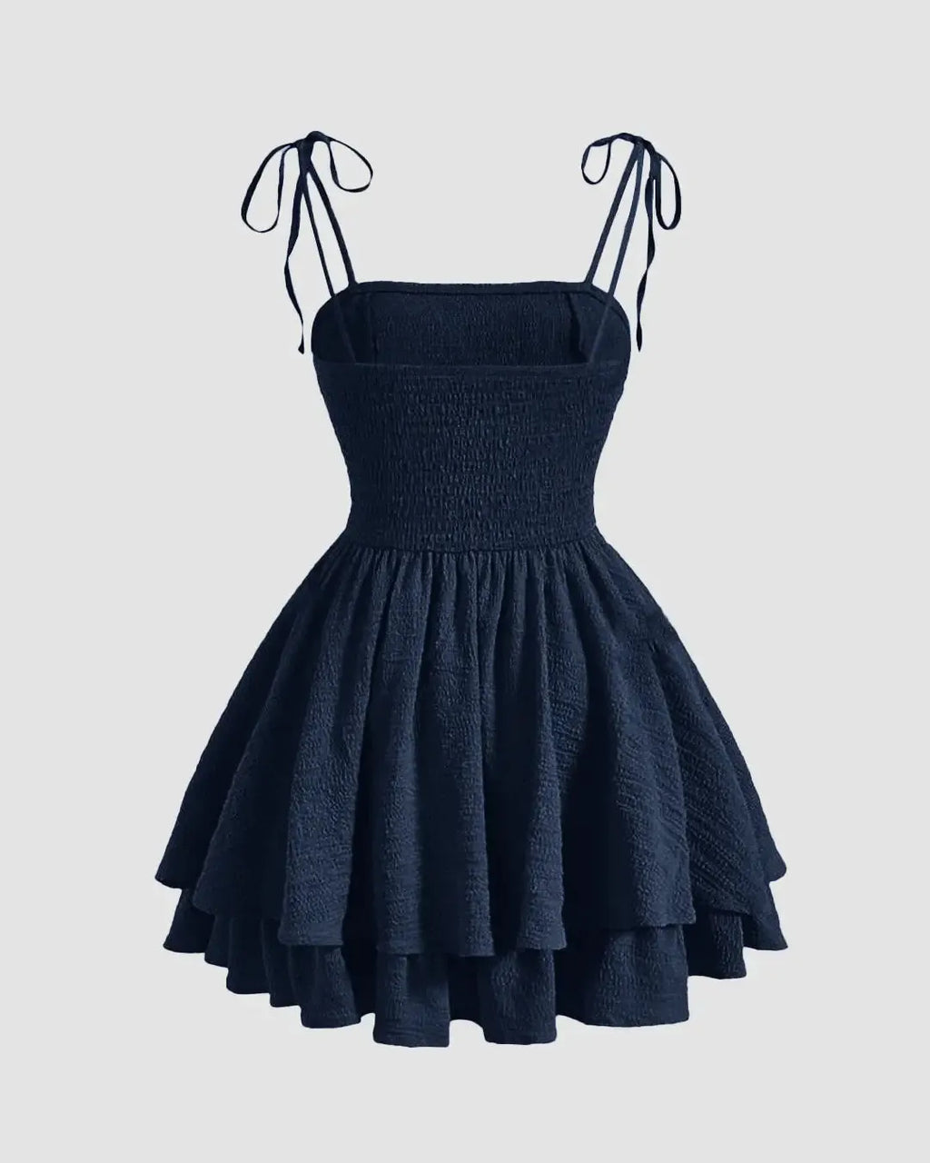 Tie Shoulder Fit and Flare Mini Dress in Navy Blue
