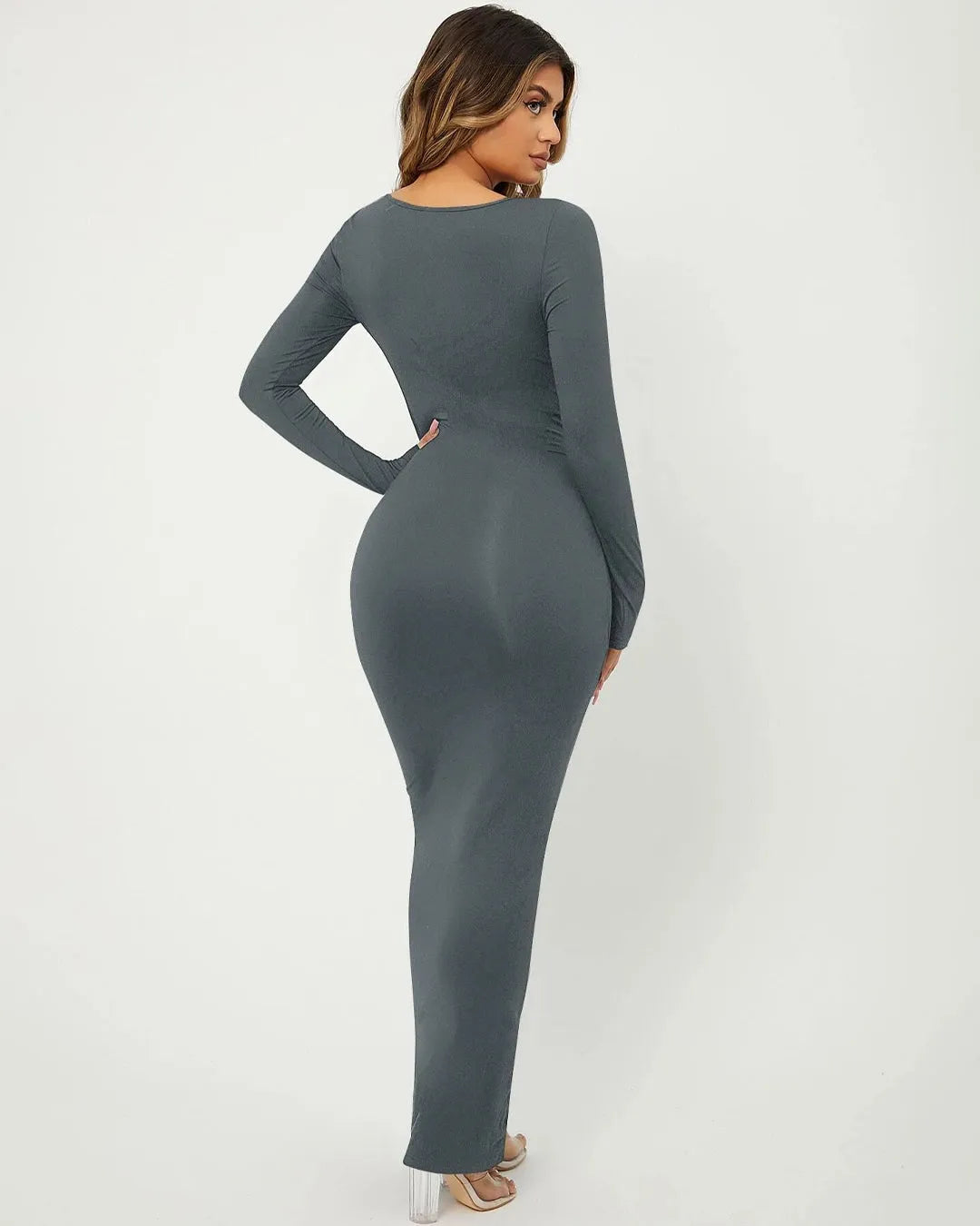 Trending Hollywood Style Bodycon Full Sleeve Dress In Grey
