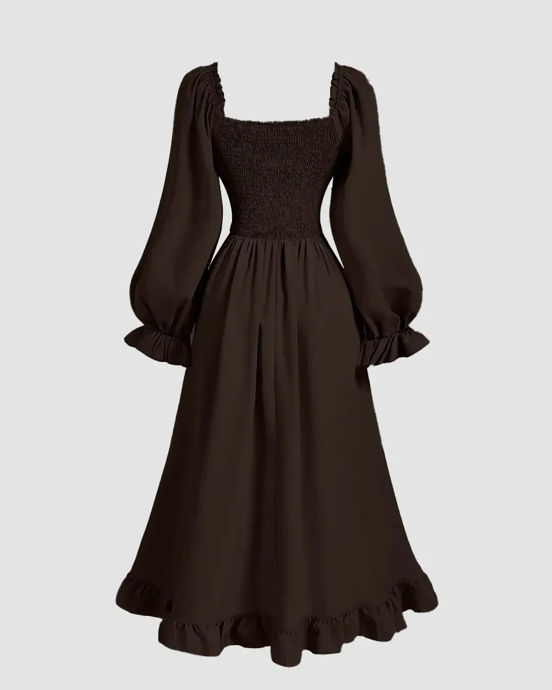 Vintage Square Collar Puff Sleeve Drawstring Ruffle Long Dress