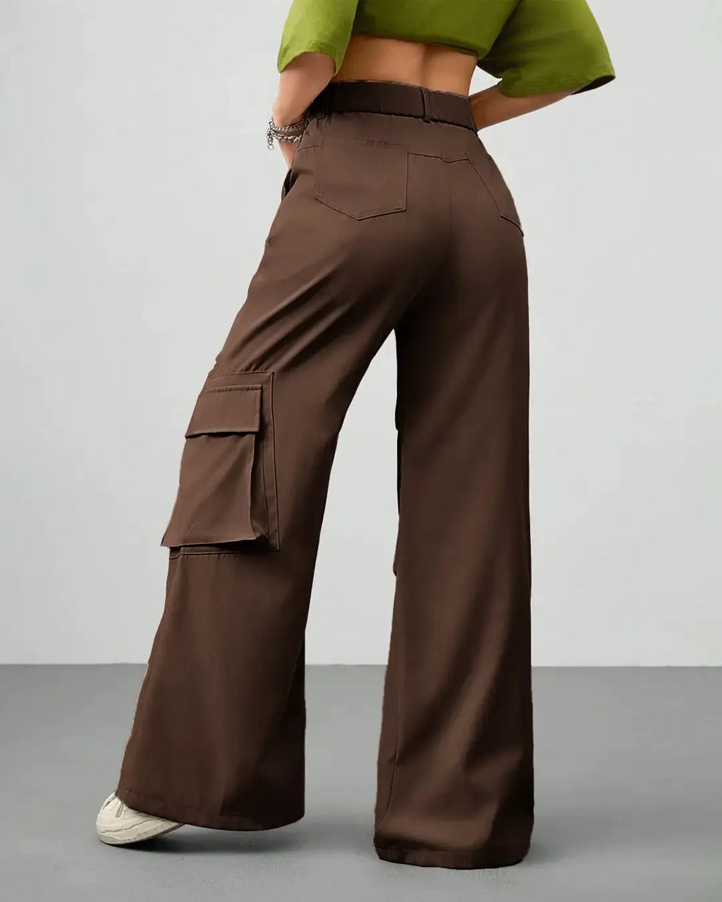Vintage Wide Leg Flap Pockets Cargo Pants In Chocolate Brown