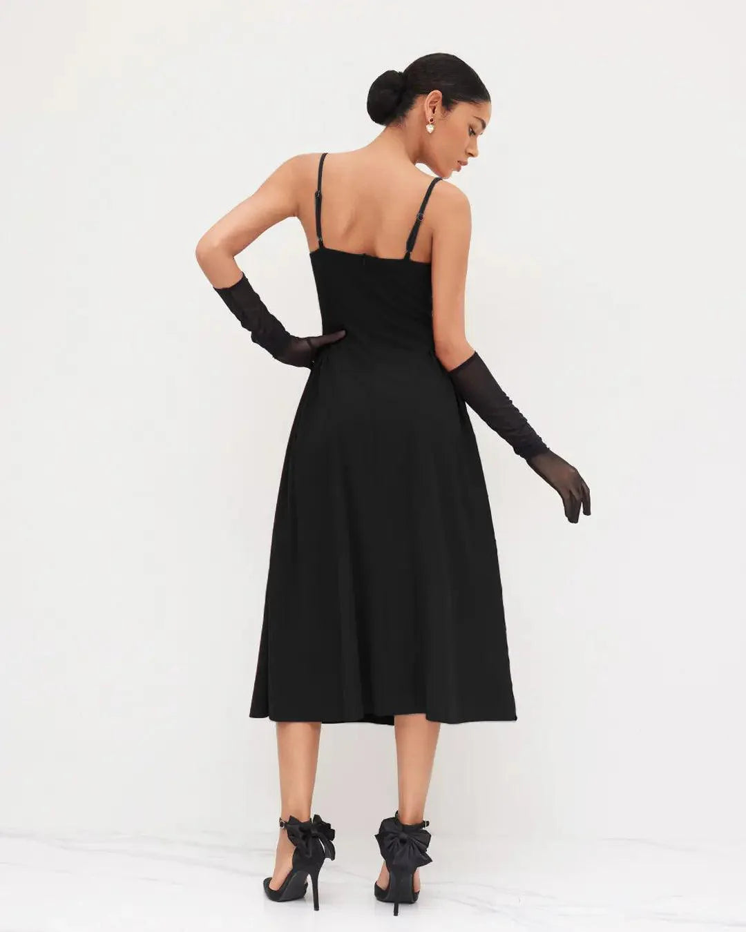 Square Neck Lace Trim Ruffle Black Maxi Dress