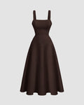 Criss-Cross Waist Fit & Flare Midi Dress in Chocolate