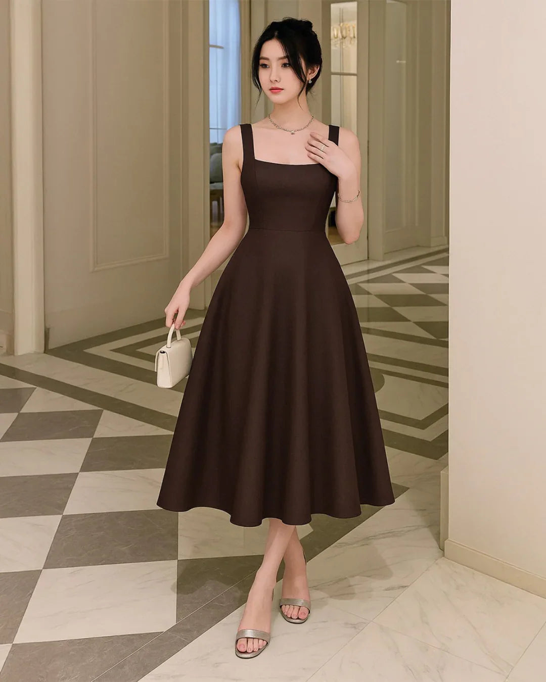 Criss-Cross Waist Fit & Flare Midi Dress in Chocolate