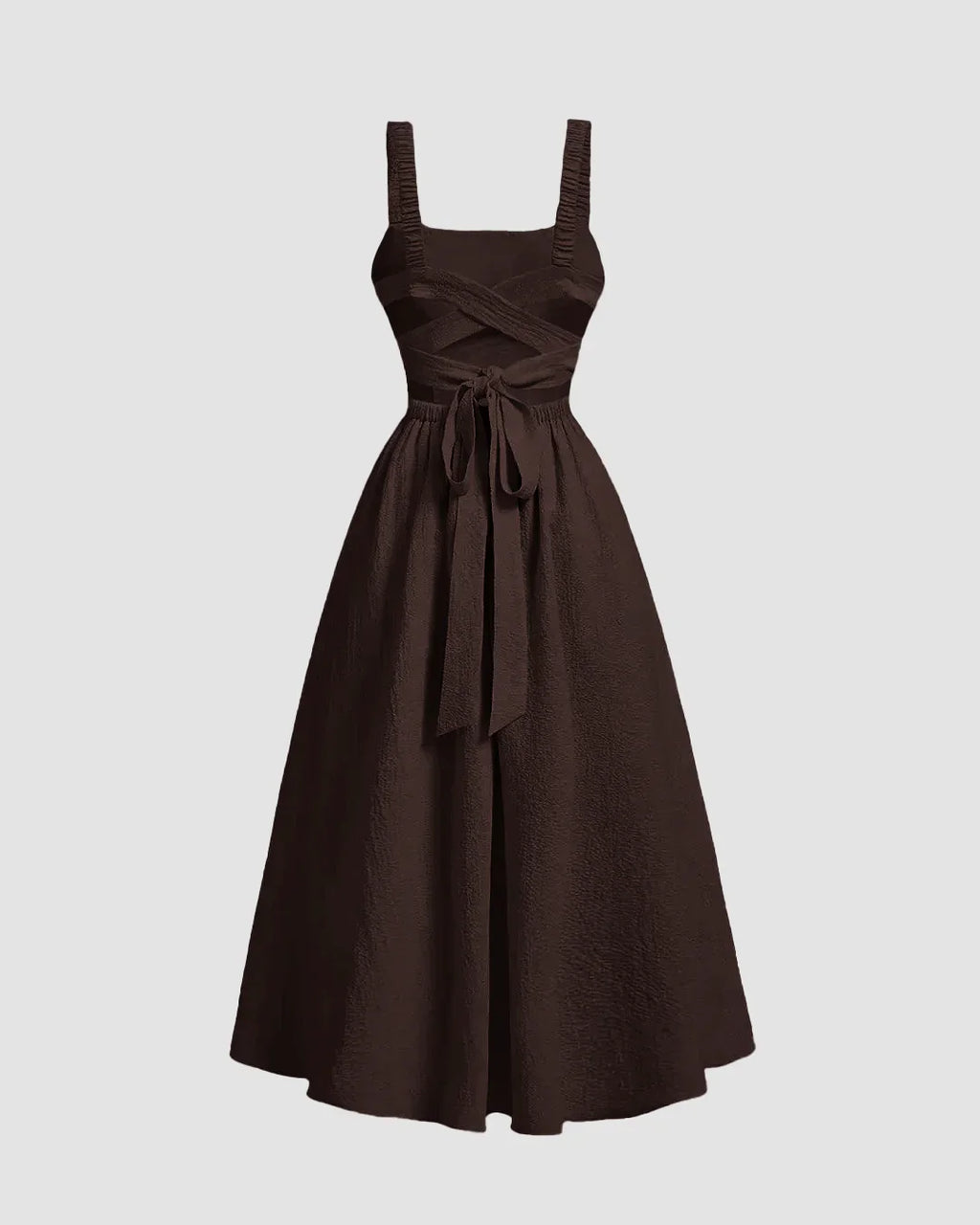 Criss-Cross Waist Fit & Flare Midi Dress in Chocolate