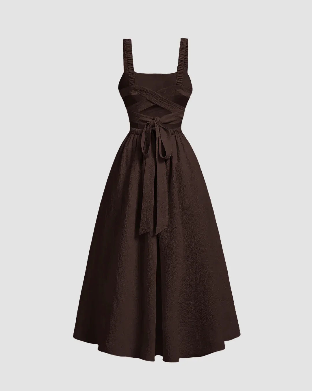 Criss-Cross Waist Fit & Flare Midi Dress in Chocolate