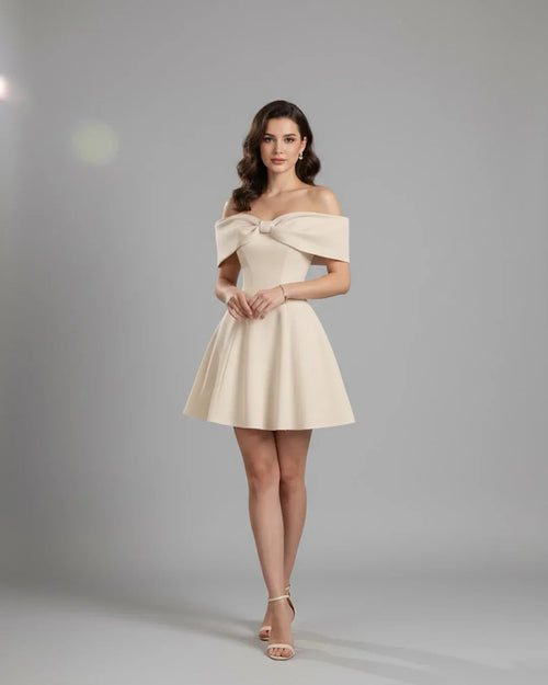 Beige Strapless Backless Mini Dress With Bow Detail