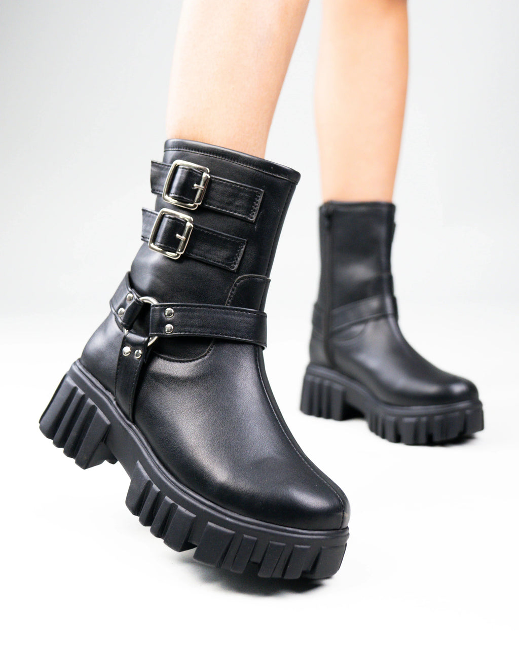 Black Biker Boots with Chunky Platform and Buckle
