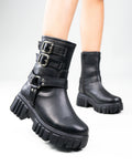 Black Biker Boots with Chunky Platform and Buckle
