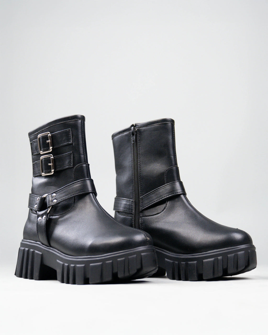 Black Biker Boots with Chunky Platform and Buckle