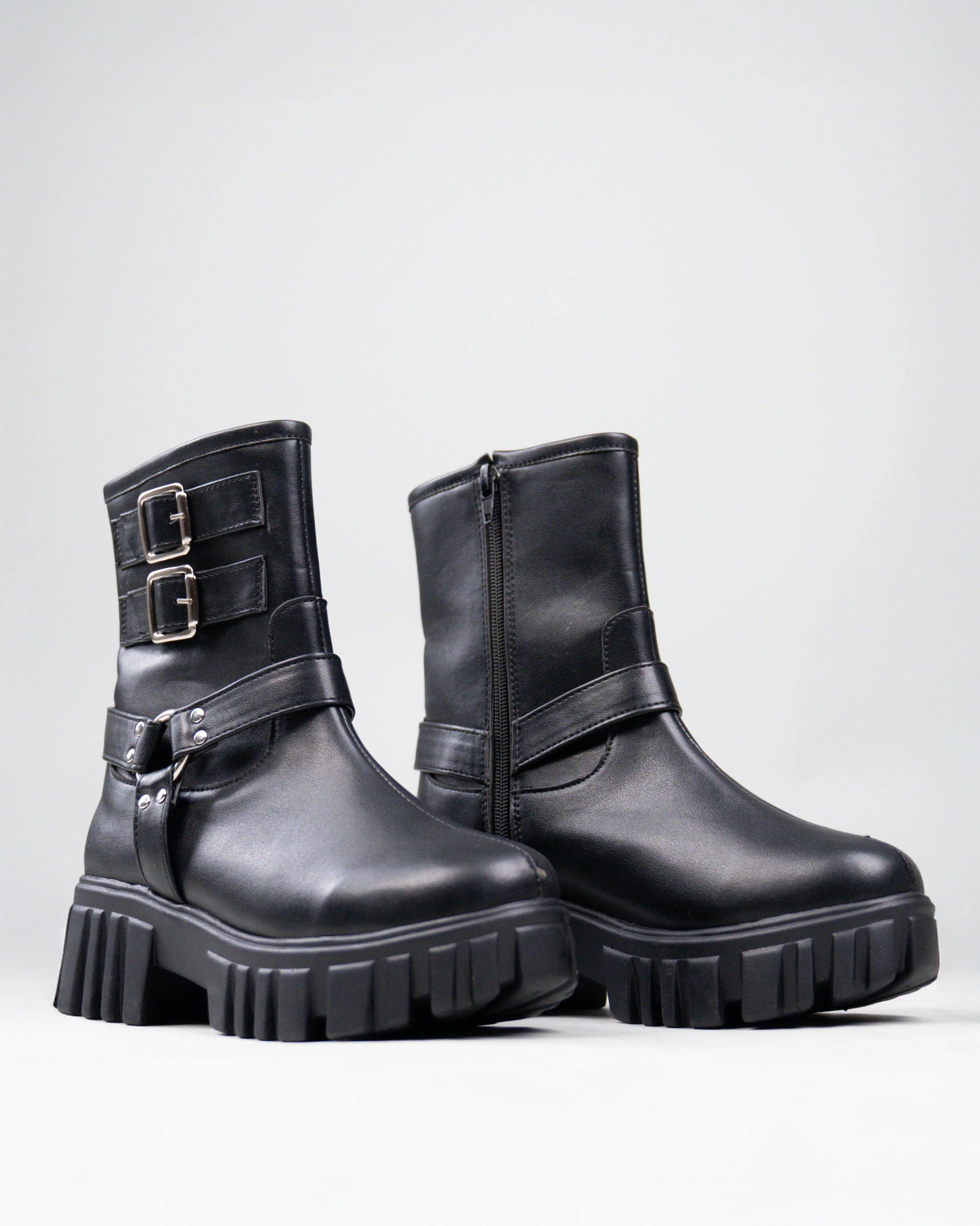 Black Biker Boots with Chunky Platform and Buckle