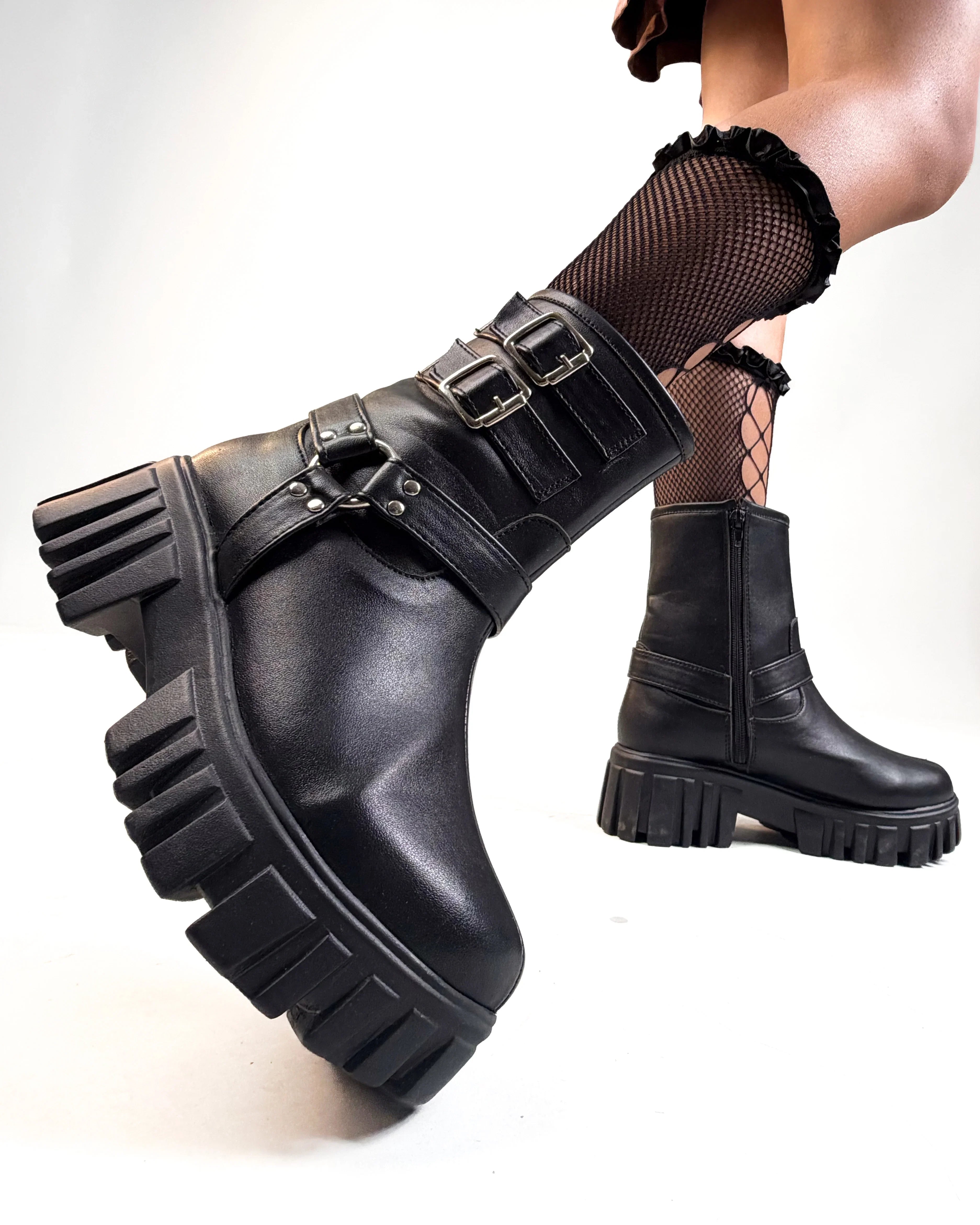 Black Biker Boots with Chunky Platform and Buckle