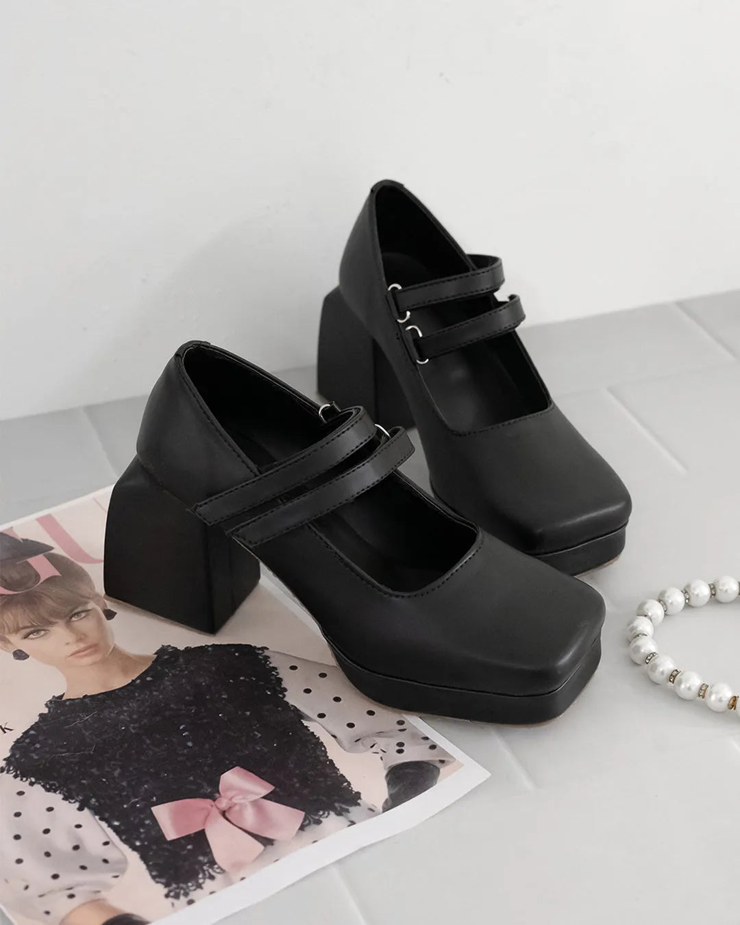 Black Block Heel Loafer Platform Pumps