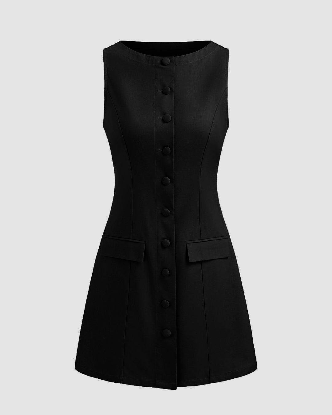 Black Boat Neck Solid Button Sleeveless Mini Dress
