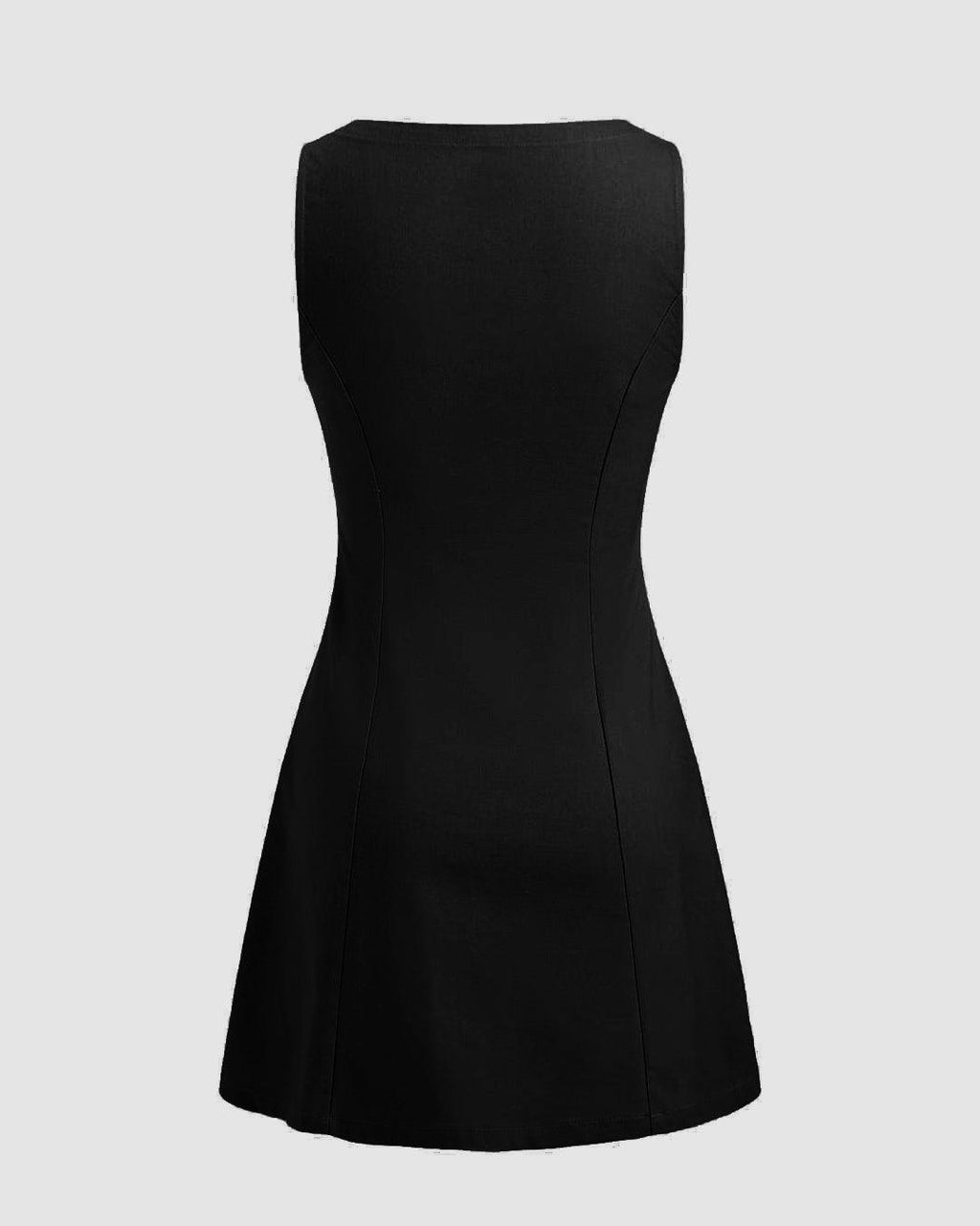 Black Boat Neck Solid Button Sleeveless Mini Dress