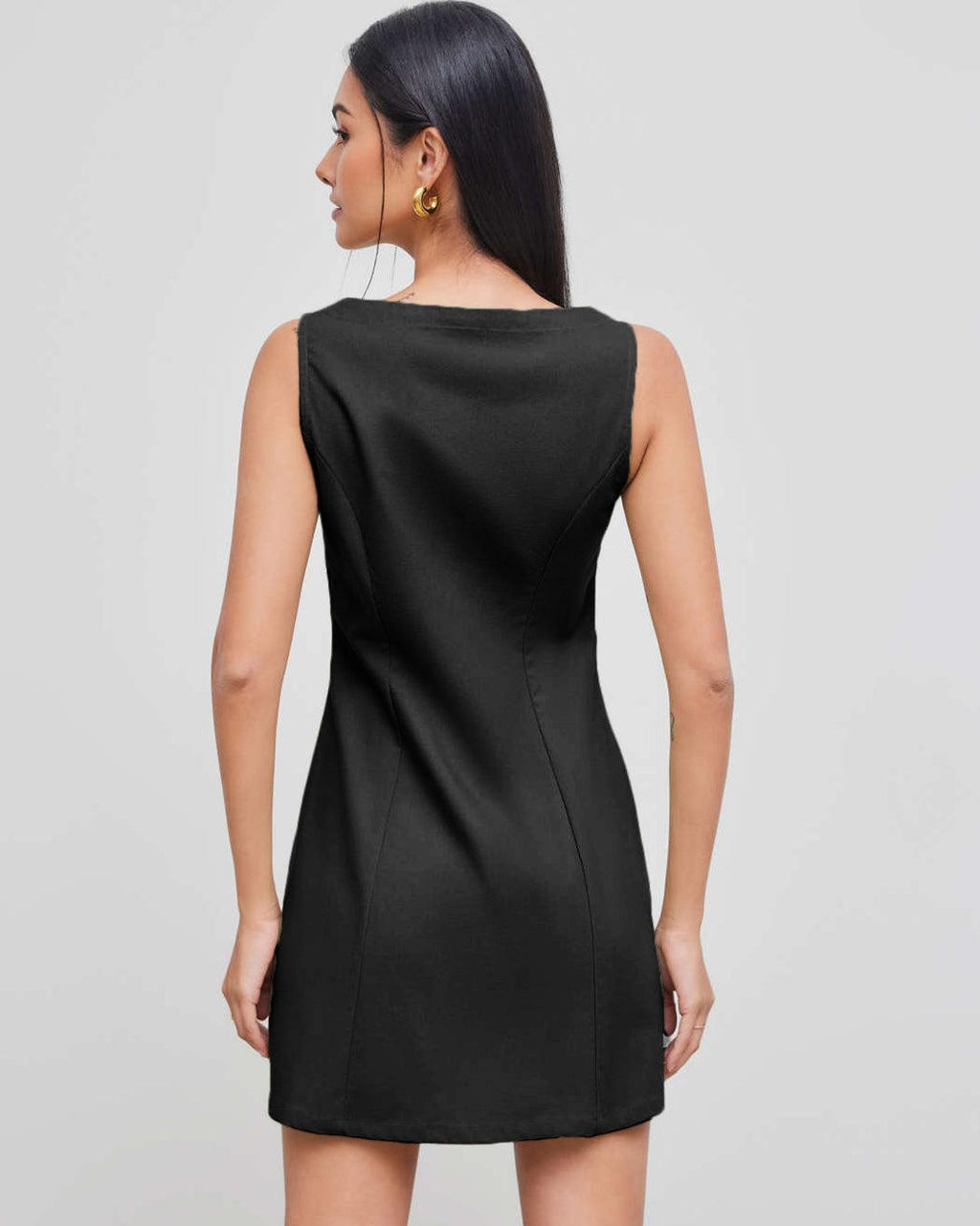 Black Boat Neck Solid Button Sleeveless Mini Dress