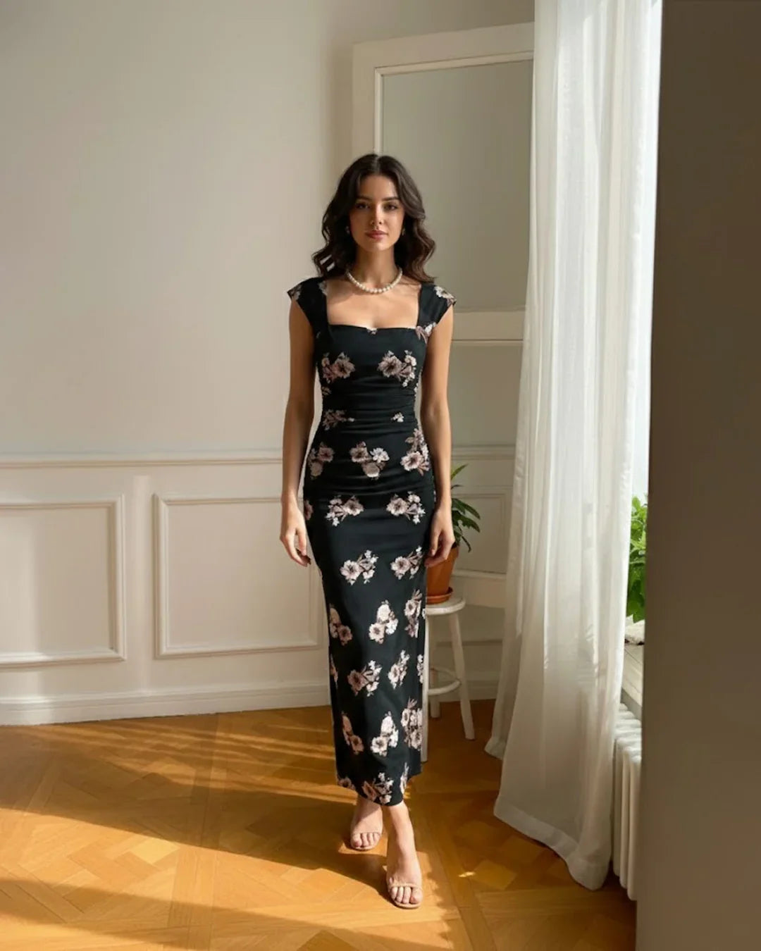 Black Floral Square-Neck Cap Sleeve Maxi Dress