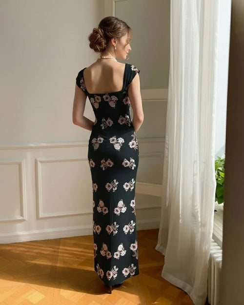 Black Floral Square-Neck Cap Sleeve Maxi Dress