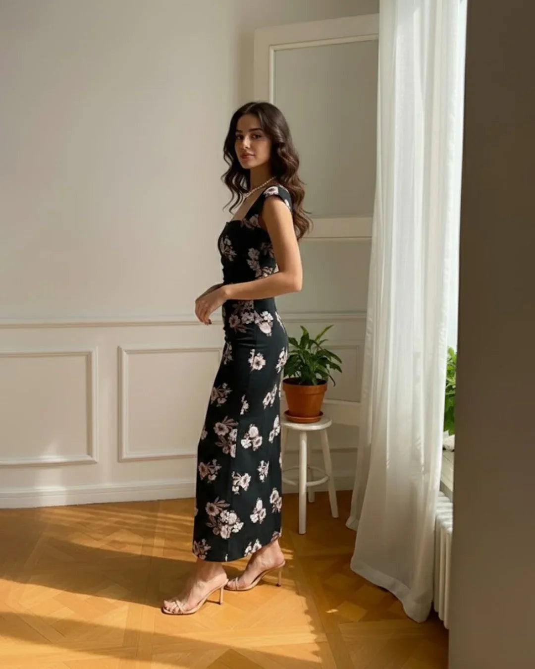 Black Floral Square-Neck Cap Sleeve Maxi Dress
