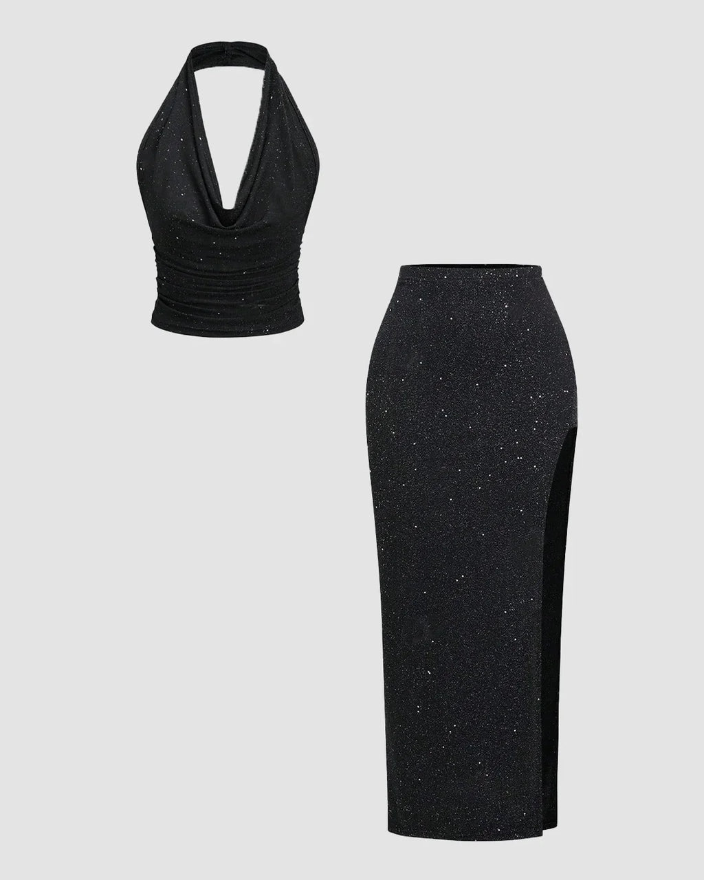 Black Glitter Halter Neck Backless Top & High-Slit Skirt Set